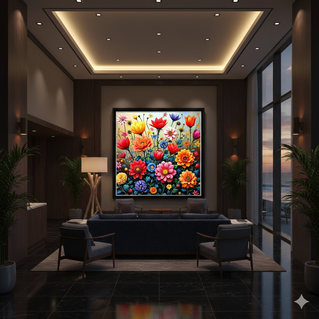 Vibrant Mid-Century Modern Wildflower Meadow Digital Art - 8192px Square