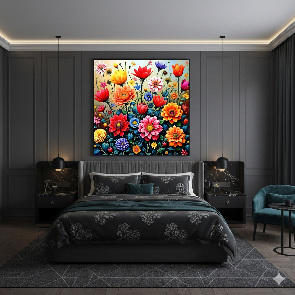 Vibrant Mid-Century Modern Wildflower Meadow Digital Art - 8192px Square