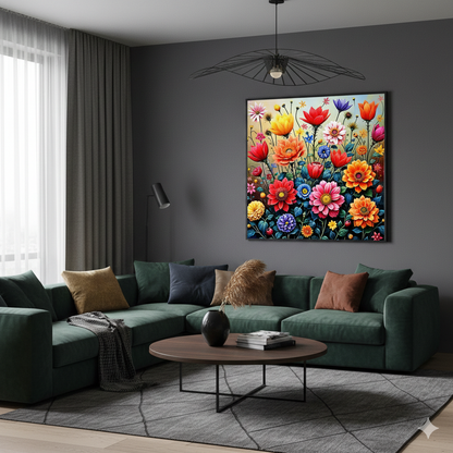 Vibrant Mid-Century Modern Wildflower Meadow Digital Art - 8192px Square