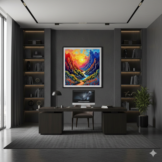 Vibrant Mountain Canyon Sunset Digital Art – High-Res River Landscape