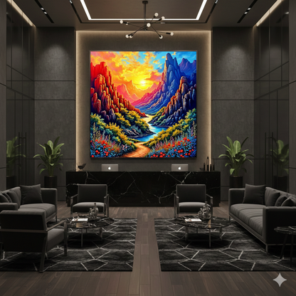 Vibrant Mountain Canyon Sunset Digital Art – High-Res River Landscape