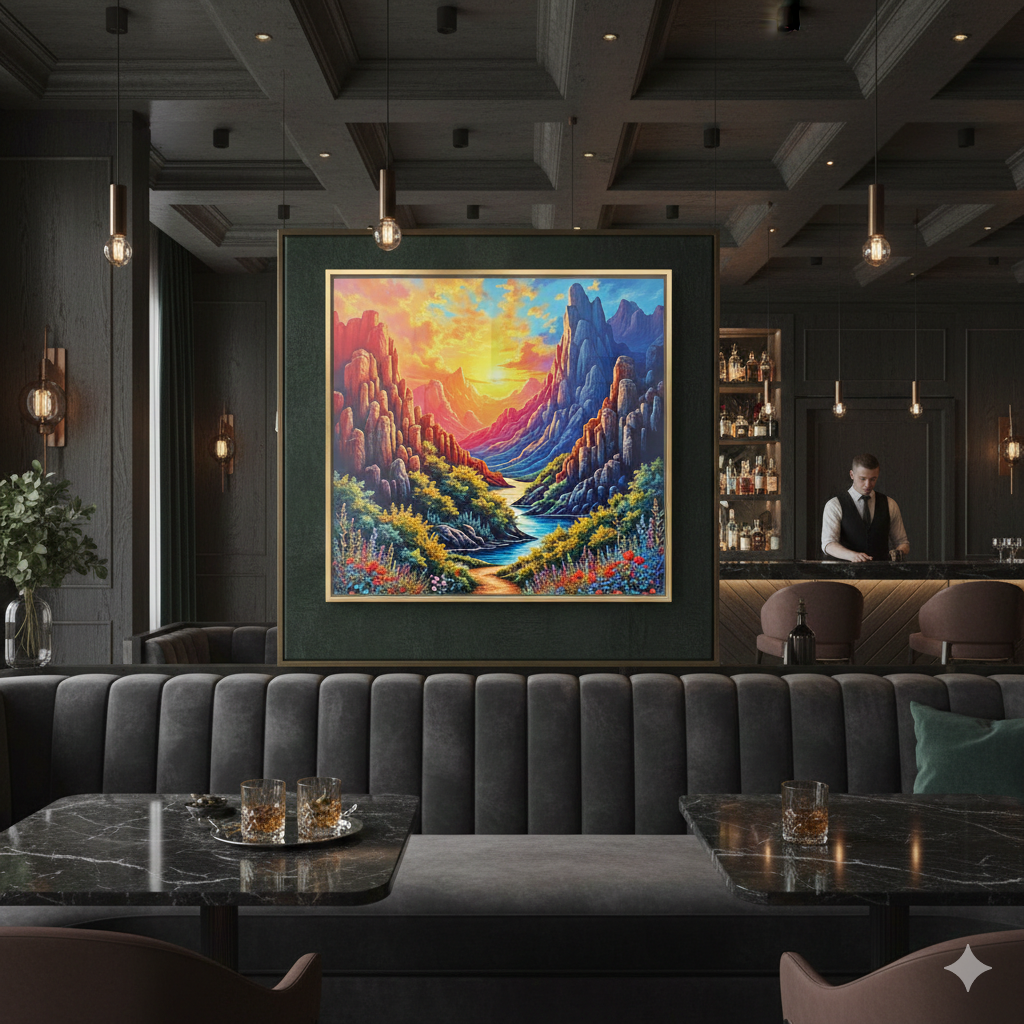 Vibrant Mountain Canyon Sunset Digital Art – High-Res River Landscape