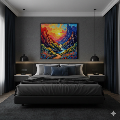 Vibrant Mountain Canyon Sunset Digital Art – High-Res River Landscape
