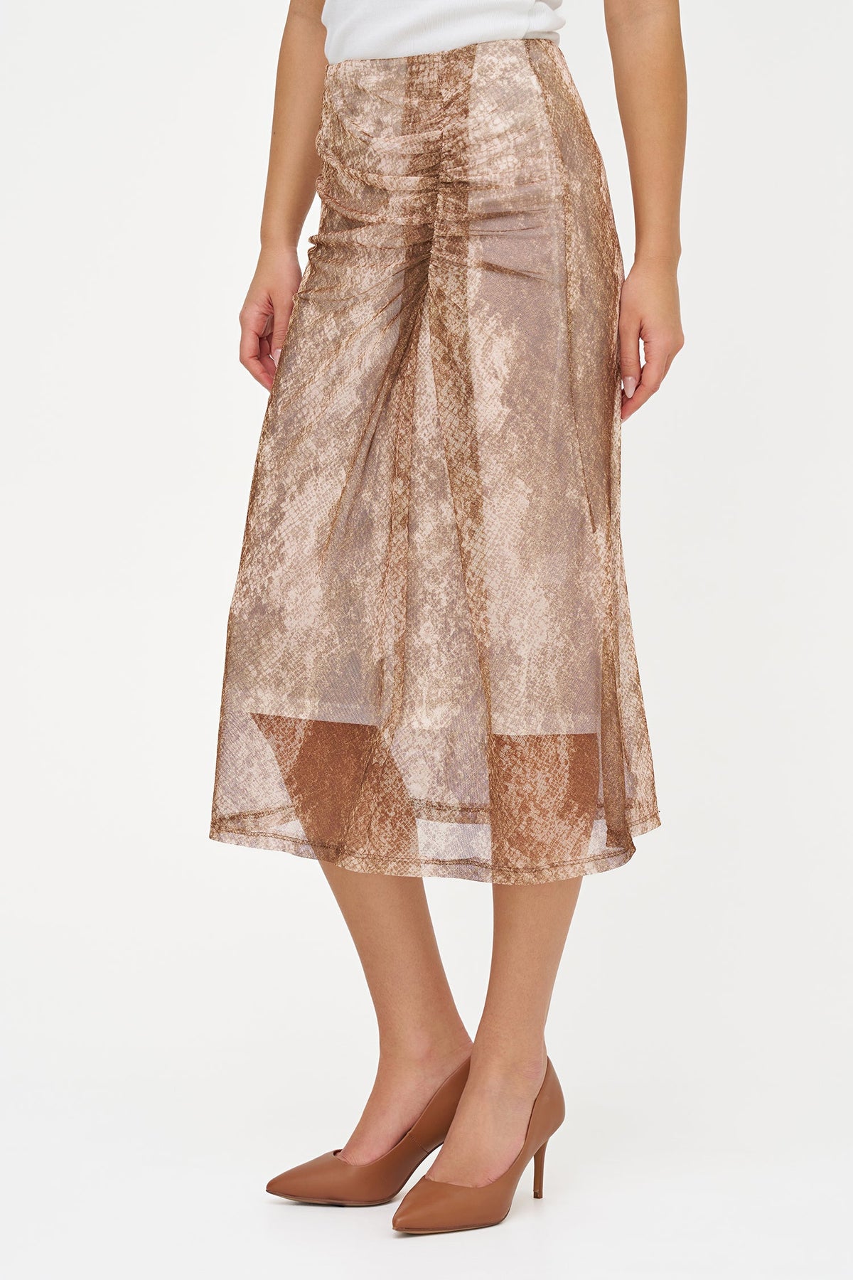 Women's Mesh-Knit Printed Pull-On Skirt with a Gathered Detailing At The Front Hip
