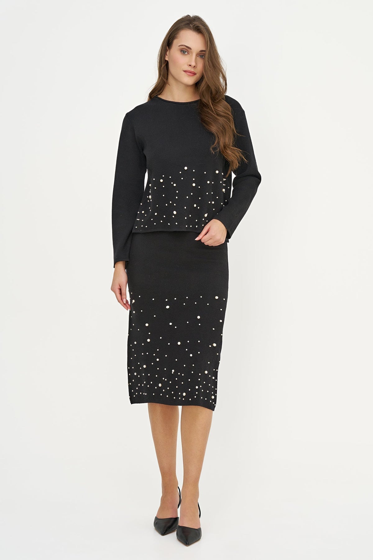 Women's Knit Pull-On Straight Skirt with Pearl Details