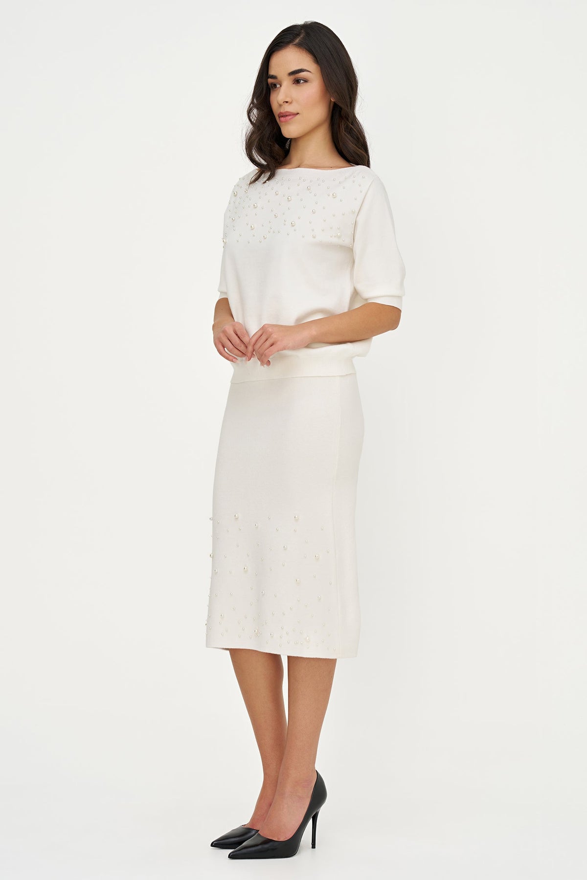 Women's Knit Pull-On Straight Skirt with Pearl Details