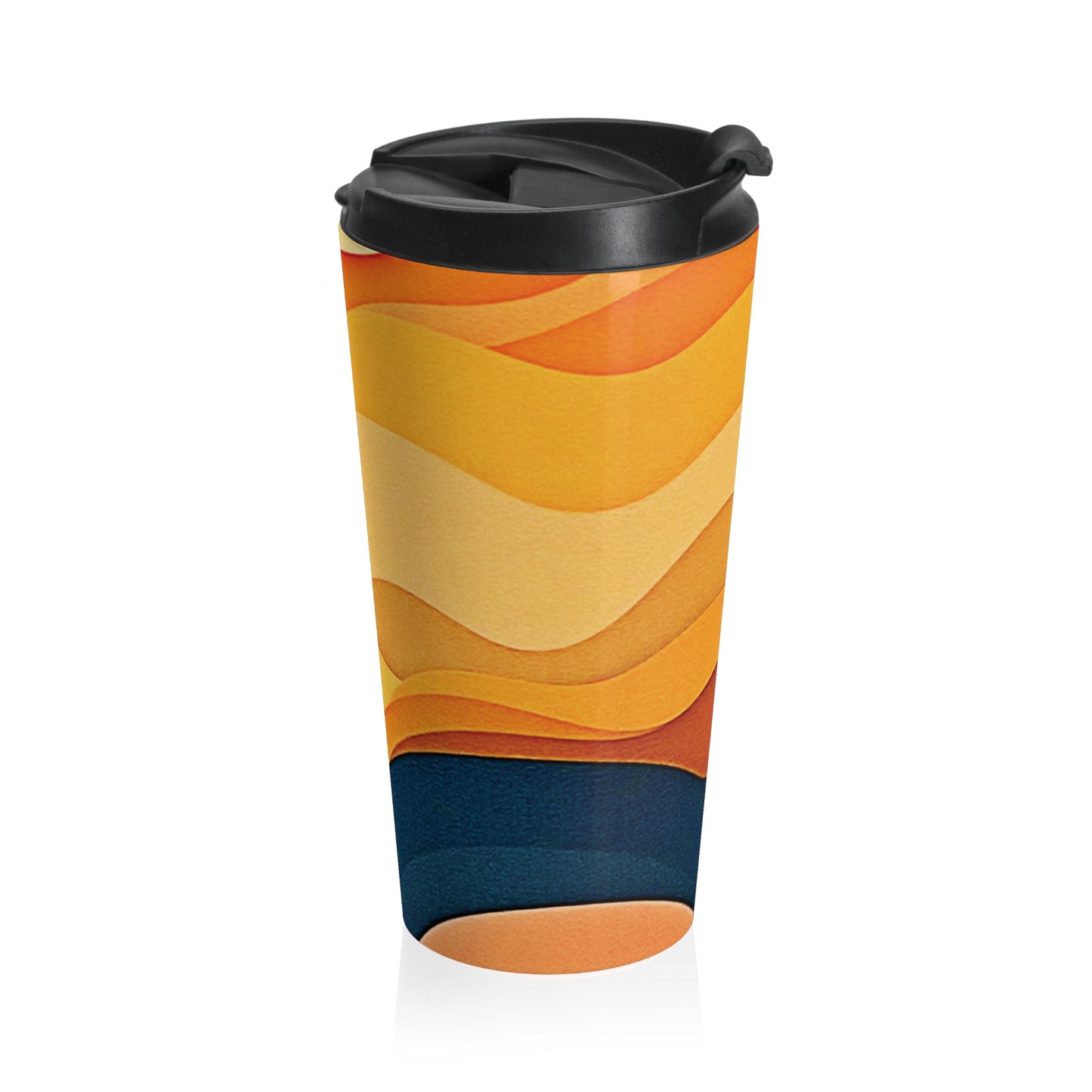 Sunset Waves Stainless Steel Travel Mug — Abstract Retro Orange & Yellow Design
