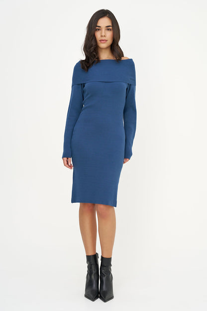 Women's Knit Off-Shoulder Dress with Foldover Neckline & Long Sleeves