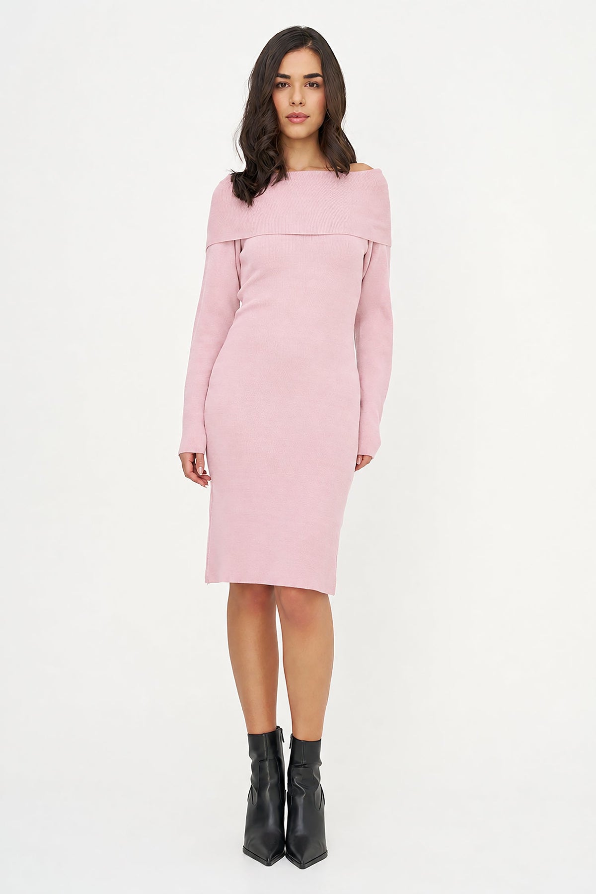 Women's Knit Off-Shoulder Dress with Foldover Neckline & Long Sleeves