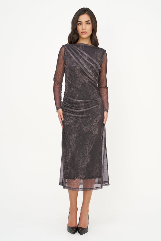 Women's Mesh-Knit Printed Dress, with a Boat-Neckline, Long Sleeves & Gathered Details At The Shoulder, Waist & Hips