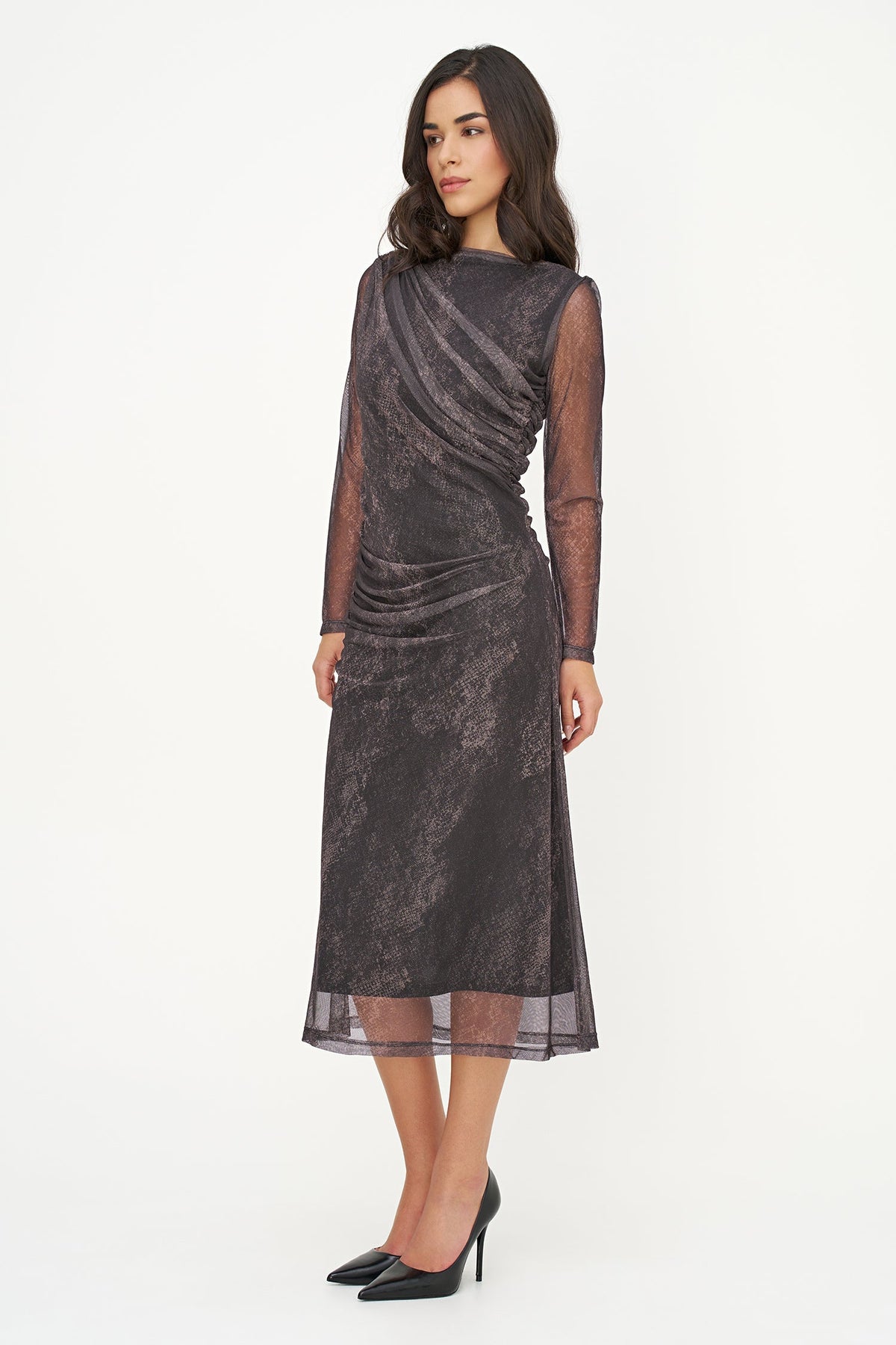 Women's Mesh-Knit Printed Dress, with a Boat-Neckline, Long Sleeves & Gathered Details At The Shoulder, Waist & Hips
