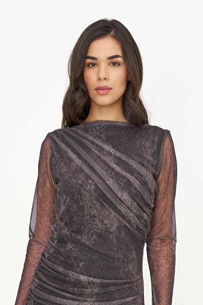 Women's Mesh-Knit Printed Dress, with a Boat-Neckline, Long Sleeves & Gathered Details At The Shoulder, Waist & Hips