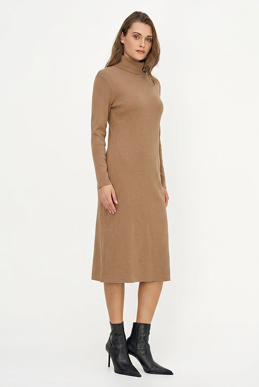 Women's Rib-Knit Turtleneck Dress, Long Sleeves & Back Slit