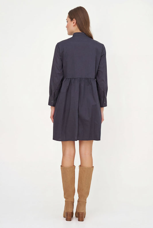 Women's Woven Long Sleeve Dress with a Partial Button-Down Front