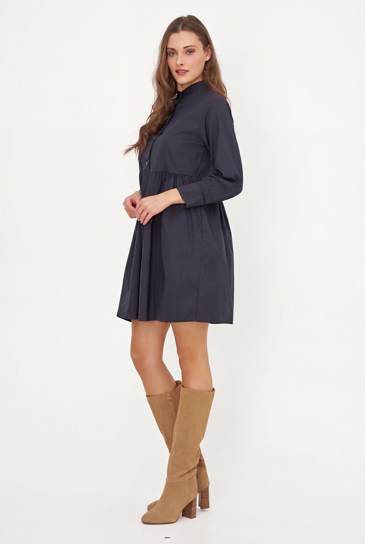 Women's Woven Long Sleeve Dress with a Partial Button-Down Front