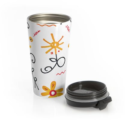 Floral Doodle Stainless Steel Travel Mug — Bright Hand-Drawn Flowers