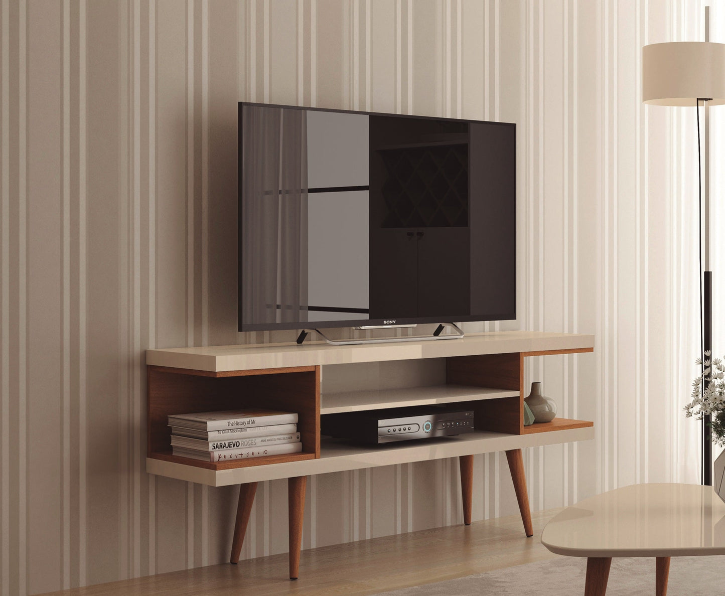 Eureka Modern 53.14" TV Stand with 4 Shelves - Off White Gloss/Maple Cream