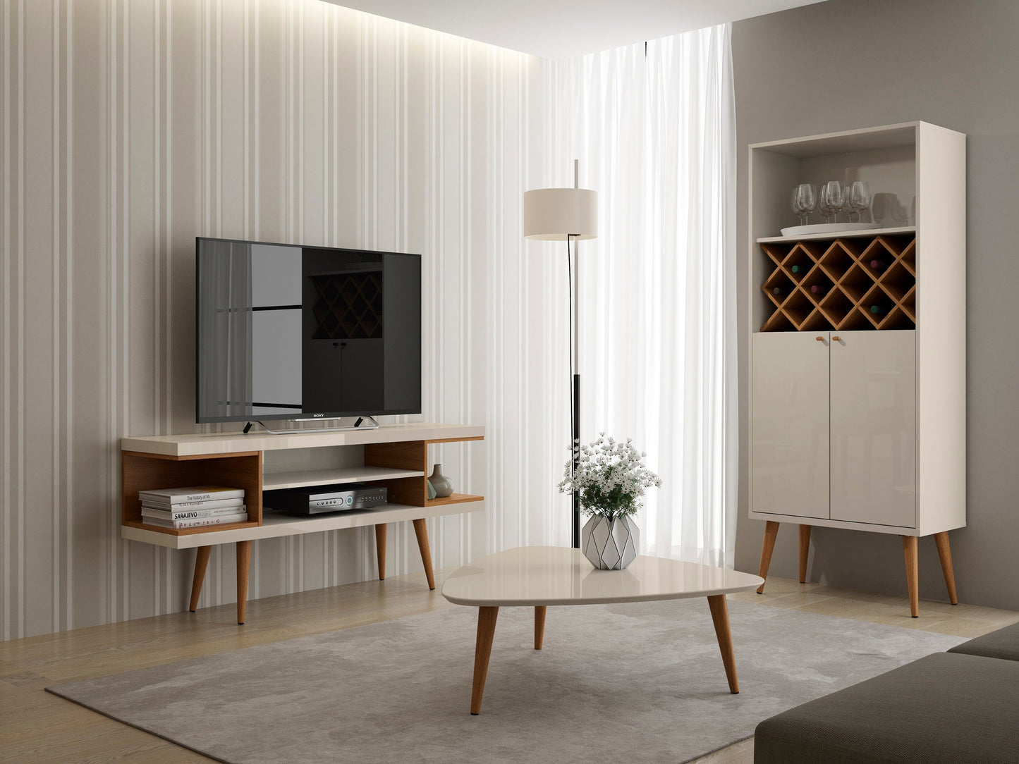 Eureka Modern 53.14" TV Stand with 4 Shelves - Off White Gloss/Maple Cream