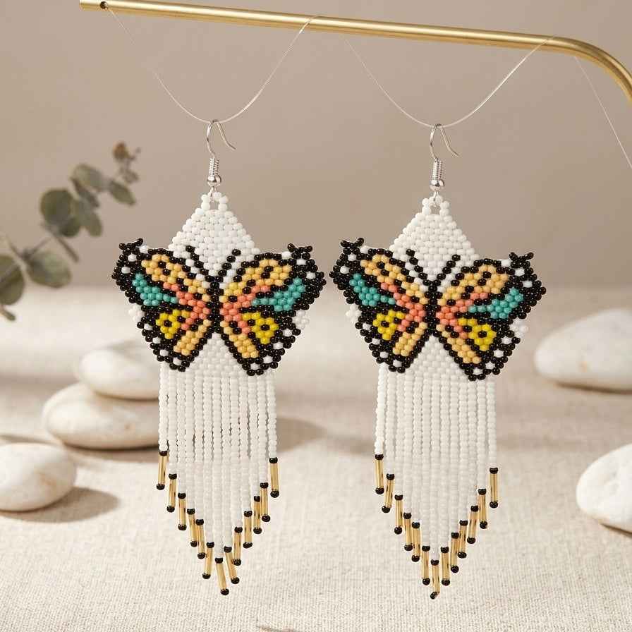 White Beaded Dancing Wing Earrings