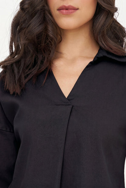 Women's Woven Long Sleeve Tunic, with a V-Neck Front & Shirt Collar. As Well As a High-Low Scooped Hemline