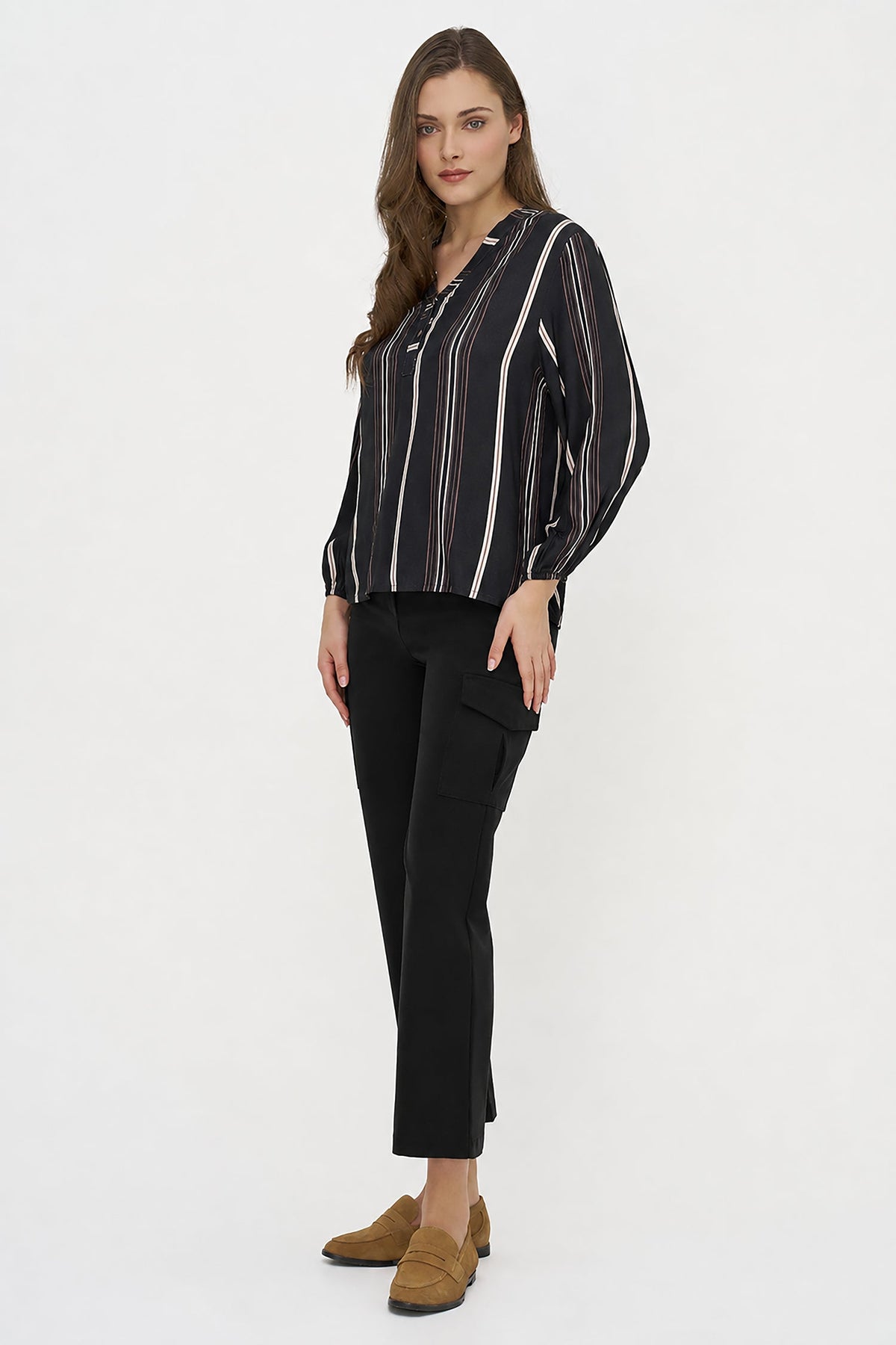 Women's Printed Woven Tunic with Buttoned V-Neck Collar & Side Slits