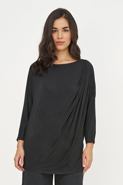 Women's Soft Knit Crew-Neck Tunic, 3/4 Sleeves & Draped Shoulder