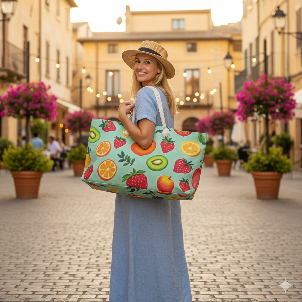 Tropical Fruit Pattern Weekender Bag | Citrus Strawberry Kiwi Beach Tote | Large Tote Bag - AURABAGS SHOP