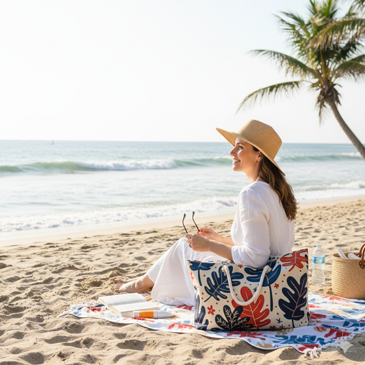 Abstract Tropical Leaves Weekender Bag | Blue Orange Leaf Pattern, Large Tote Bag