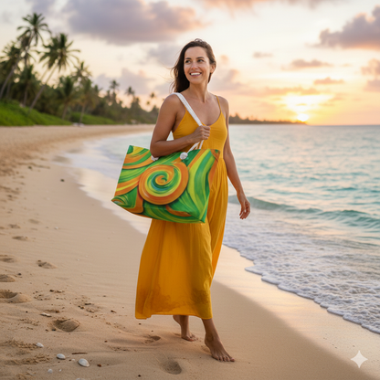 Green Orange Swirl Pattern Weekender Bag | Abstract Beach Tote Bag | Large Tote Bag - AURABAGS SHOP