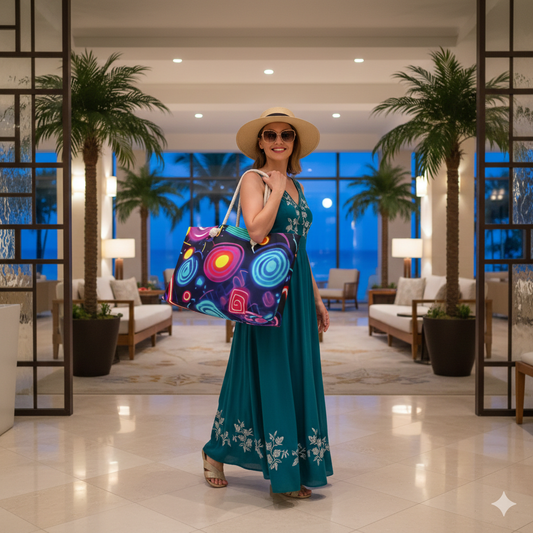 Neon Shapes Pattern Weekender Bag | Retro Abstract Nightclub Print | Mom Gift