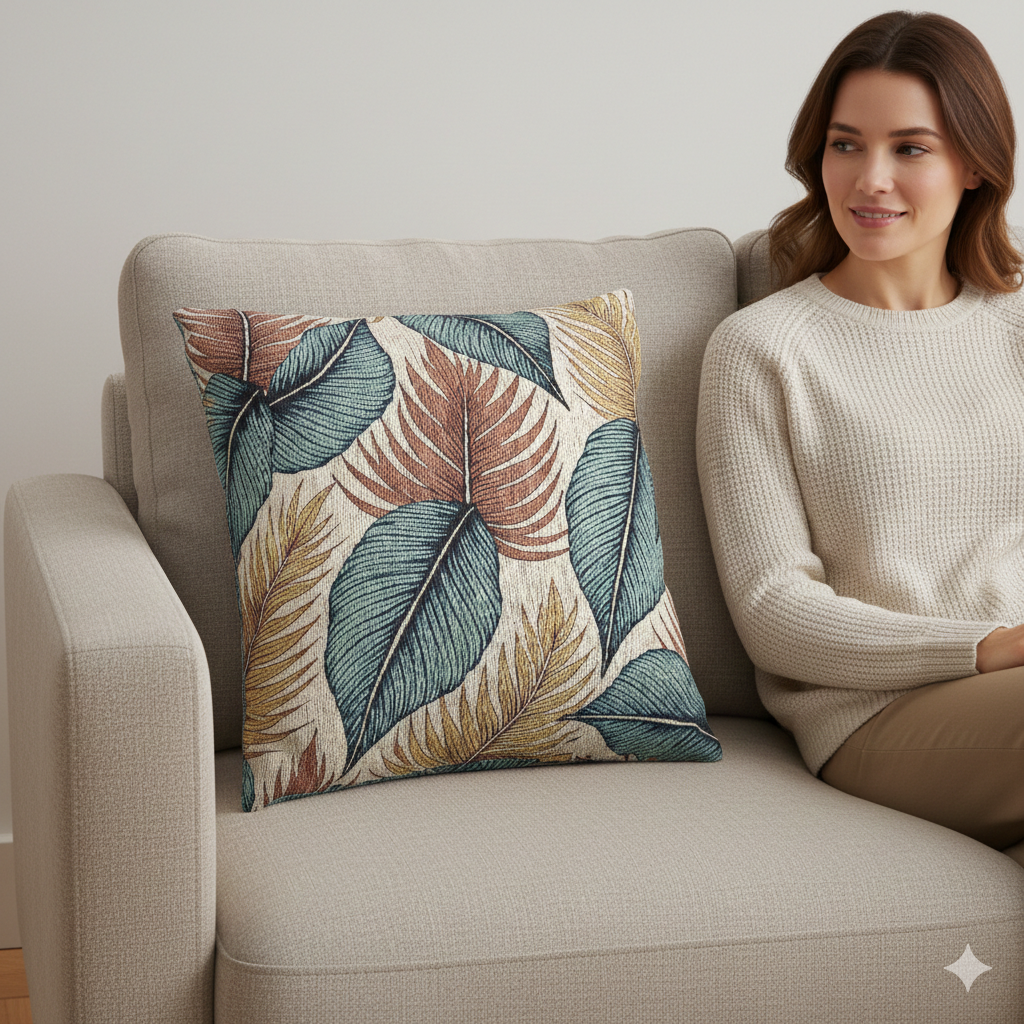Tropical Leaf Woven Pillow | Blue Teal Rust Decorative Throw Pillow - AURABAGS SHOP