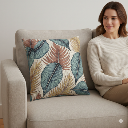 Tropical Leaf Woven Pillow | Blue Teal Rust Decorative Throw Pillow - AURABAGS SHOP