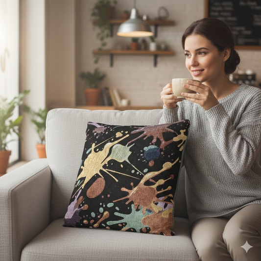 Abstract Paint Splatter Woven Pillow | Colorful Splash Pattern Cushion