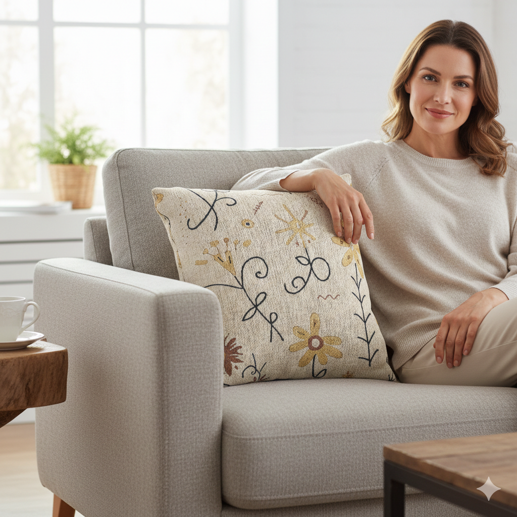 Neutral Floral Embroidered Woven Pillow | Boho Farmhouse Throw Cushion - AURABAGS SHOP