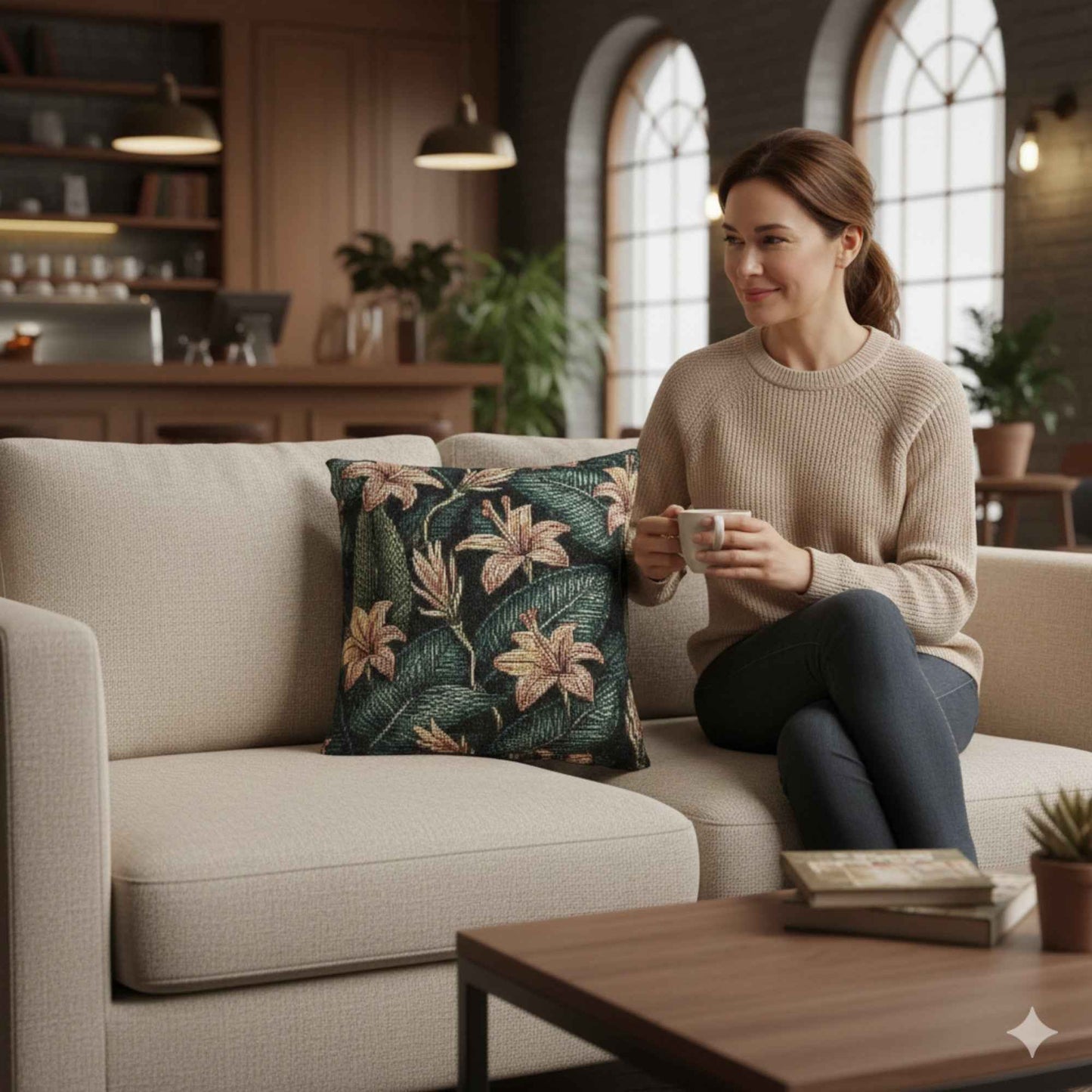 Tropical Lily Pattern Woven Pillow | Botanical Floral Throw Pillow