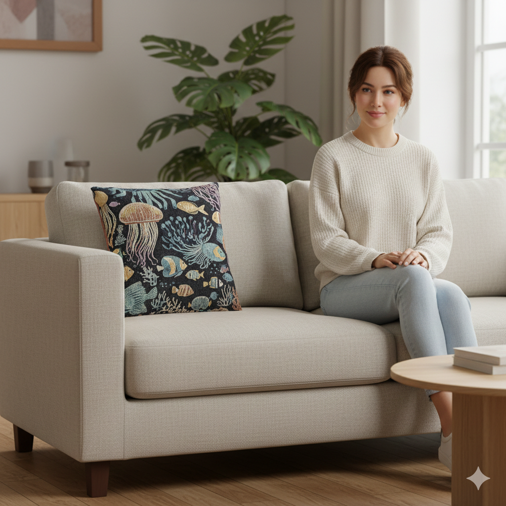 Underwater Jellyfish and Fish Woven Pillow | Ocean Reef Tapestry Cushion - AURABAGS SHOP