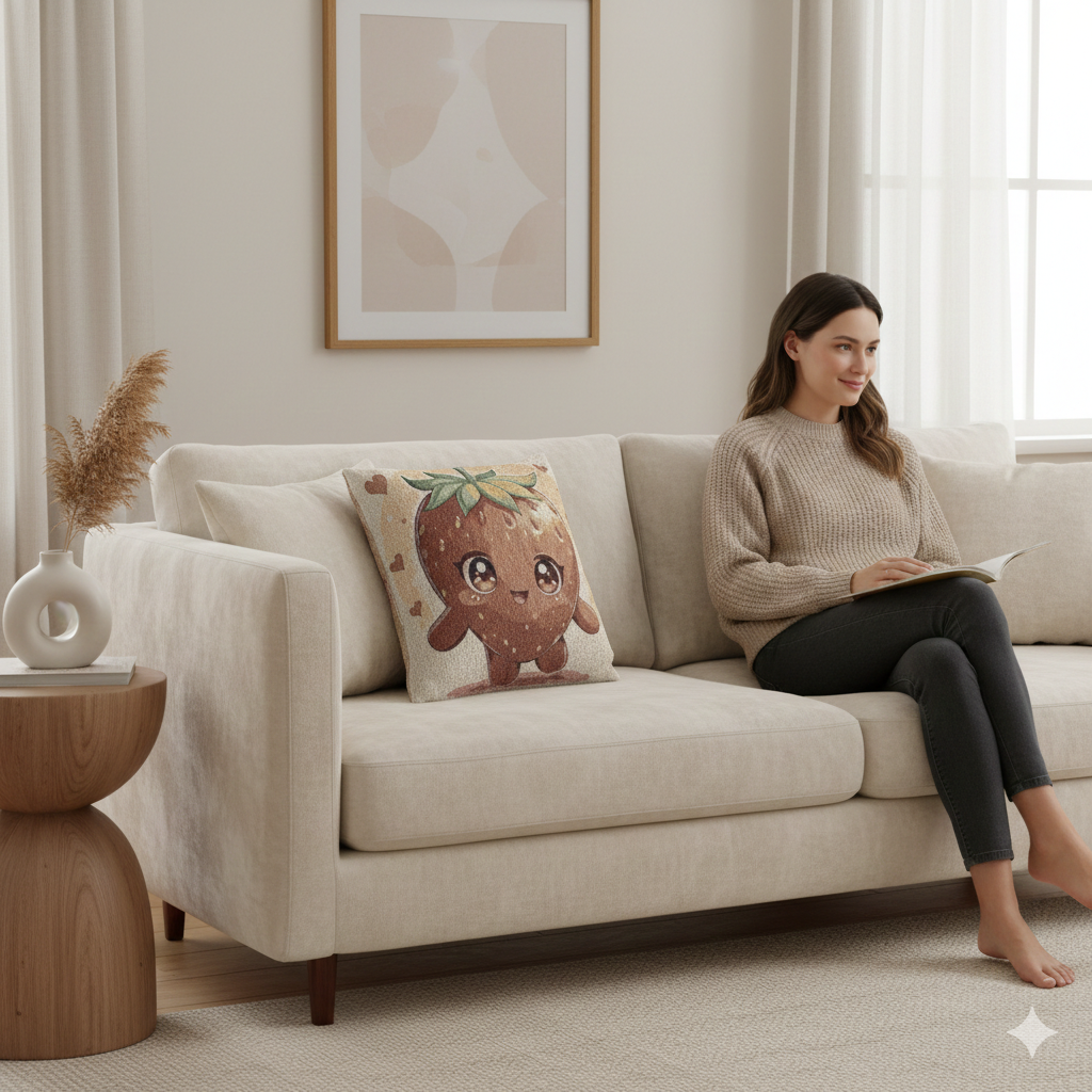 Kawaii Strawberry Character Pillow | Woven Decorative Pillow