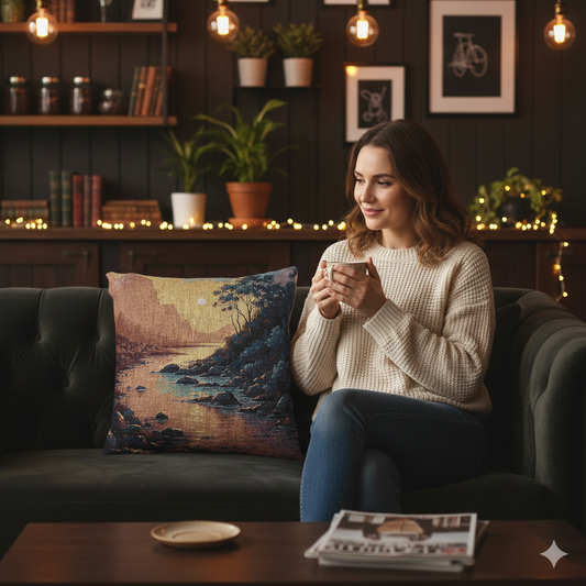 Sunset Cove woven pillow | coastal landscape tapestry throw pillow