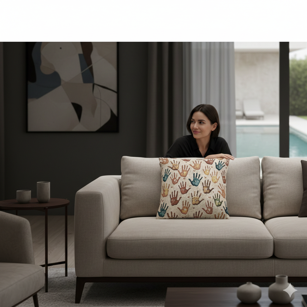 Multicolor Handprint Pattern Woven Pillow | Boho Decorative Throw Pillow