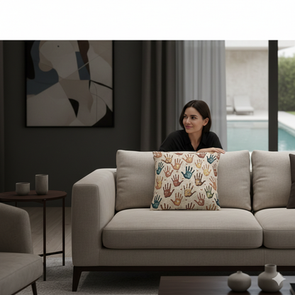 Multicolor Handprint Pattern Woven Pillow | Boho Decorative Throw Pillow