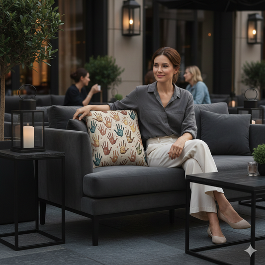 Multicolor Handprint Pattern Woven Pillow | Boho Decorative Throw Pillow