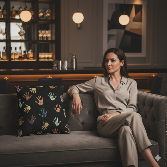 Colorful Handprint Pattern Pillow | Multicolor Hands on Black Throw Pillow