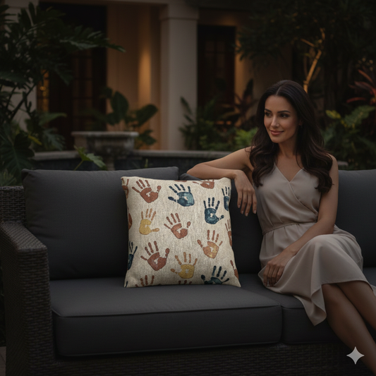 Handprint Pattern Woven Pillow | Boho Kids Nursery Throw Pillow