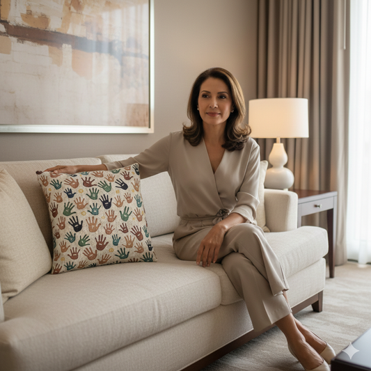 Multi Colored Handprint Pattern Woven Pillow | Boho Decorative Throw Pillow