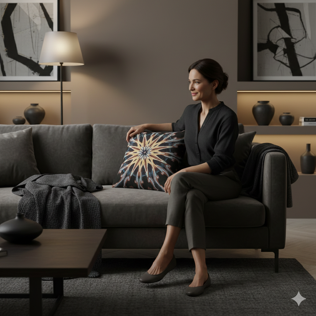 Starburst Mandala Woven Pillow | Geometric Boho Throw Cushion