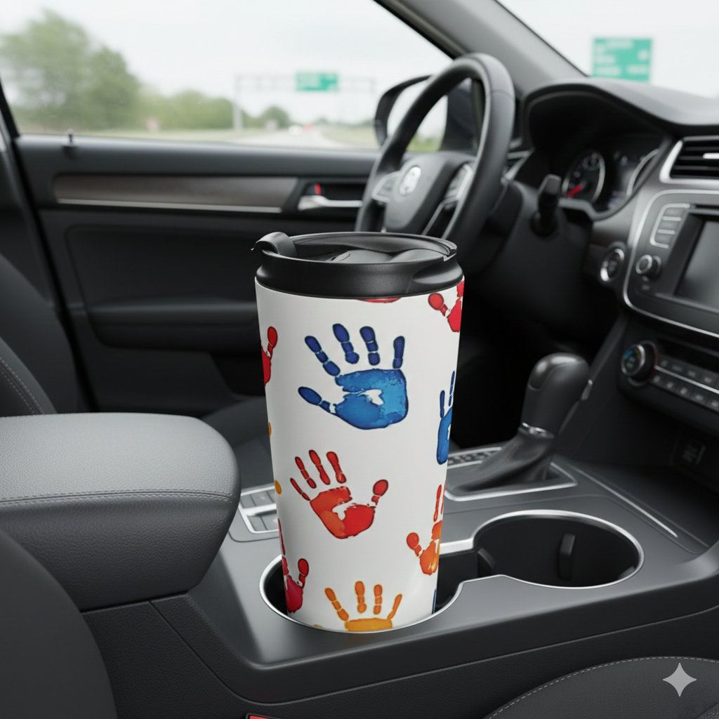 Colorful Handprint Stainless Steel Travel Mug — Kids Art Pattern, Spill‑Resistant Coffee Tumbler - AURABAGS SHOP