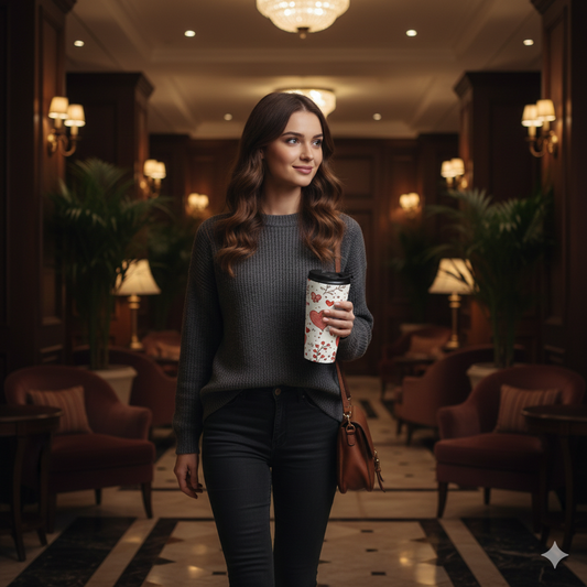 Hand-Drawn Hearts Travel Mug | Valentine Butterfly Floral Stainless Steel