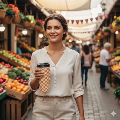 Checkerboard Retro Travel Mug — Vintage Orange Plaid Stainless Steel Tumbler
