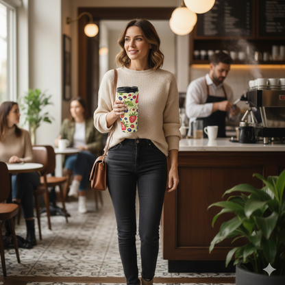 Strawberry & Berry Pattern Stainless Steel Travel Mug — Insulated Fruit Print Tumbler