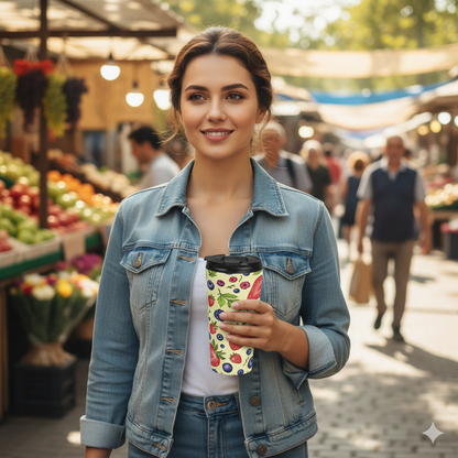 Strawberry & Berry Pattern Stainless Steel Travel Mug — Insulated Fruit Print Tumbler